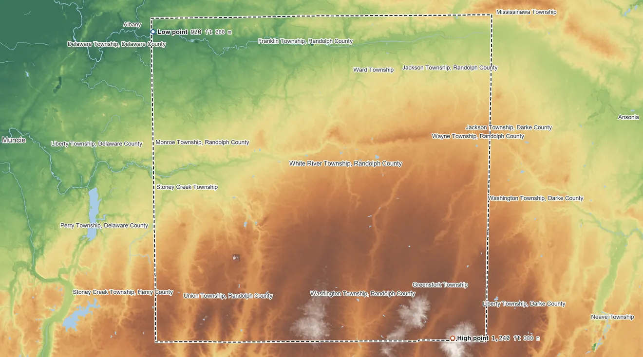 Topographic elevation map of Randolph County, Indiana, shaded from 920 ft on the northwest side to 1,240 ft on the southeast side