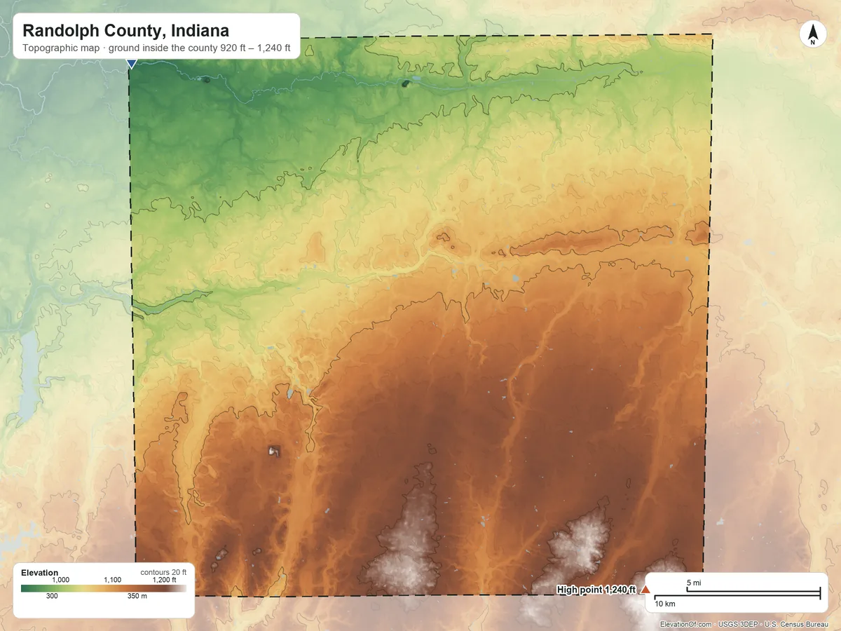 Topographic elevation map of Randolph County, Indiana, shaded from 920 ft on the northwest side to 1,240 ft on the southeast side