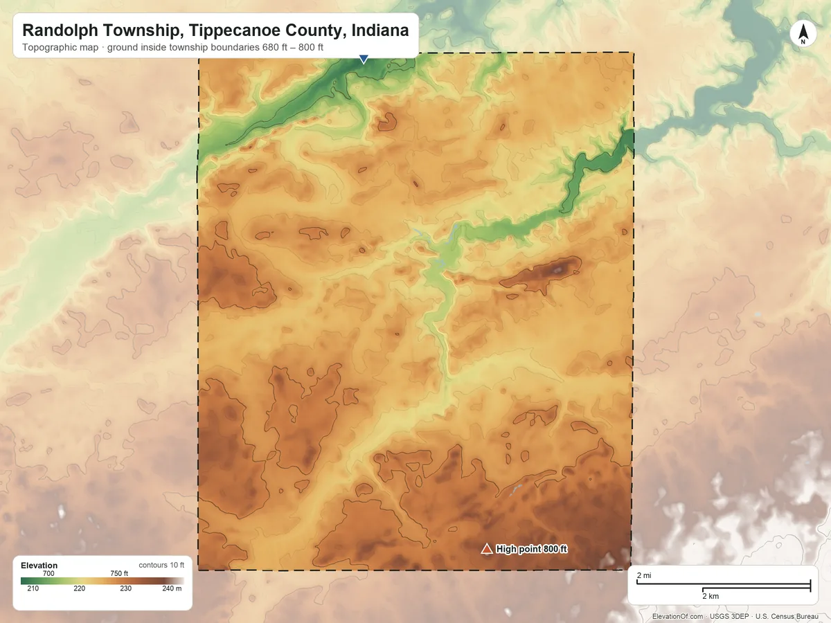 Topographic elevation map of Randolph Township, Tippecanoe County, Indiana, shaded from 680 ft on the northwest side to 800 ft on the south side