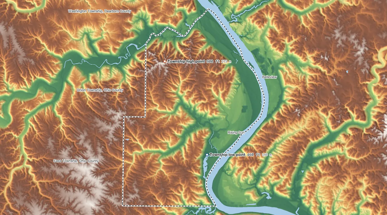 Topographic elevation map of Randolph Township, Indiana, shaded from 460 ft on the south side to 900 ft on the northwest side