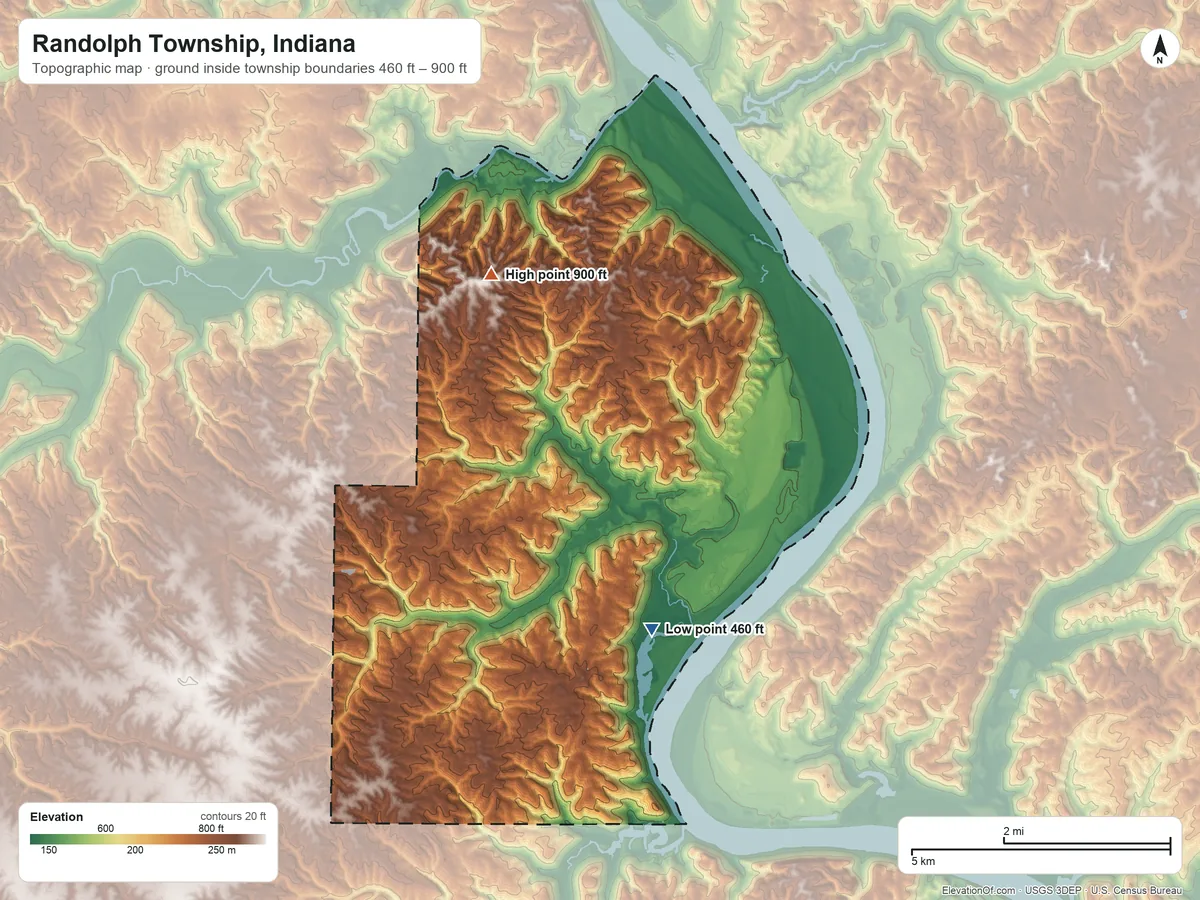Topographic elevation map of Randolph Township, Indiana, shaded from 460 ft on the south side to 900 ft on the northwest side