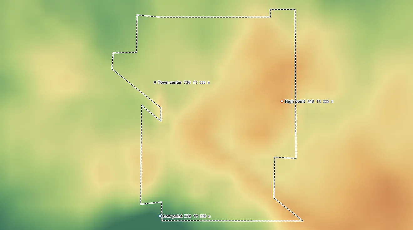 Topographic elevation map of Raub, Indiana, shaded from 720 ft on the south side to 740 ft on the east side