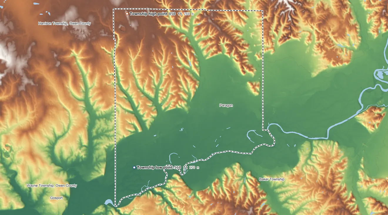 Topographic elevation map of Ray Township, Morgan County, Indiana, shaded from 560 ft on the southwest side to 850 ft on the northwest side