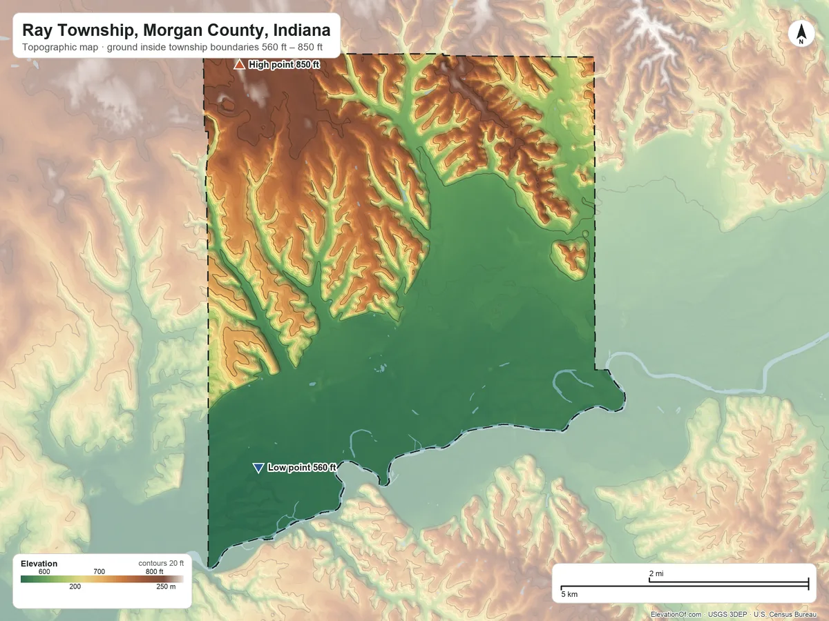 Topographic elevation map of Ray Township, Morgan County, Indiana, shaded from 560 ft on the southwest side to 850 ft on the northwest side