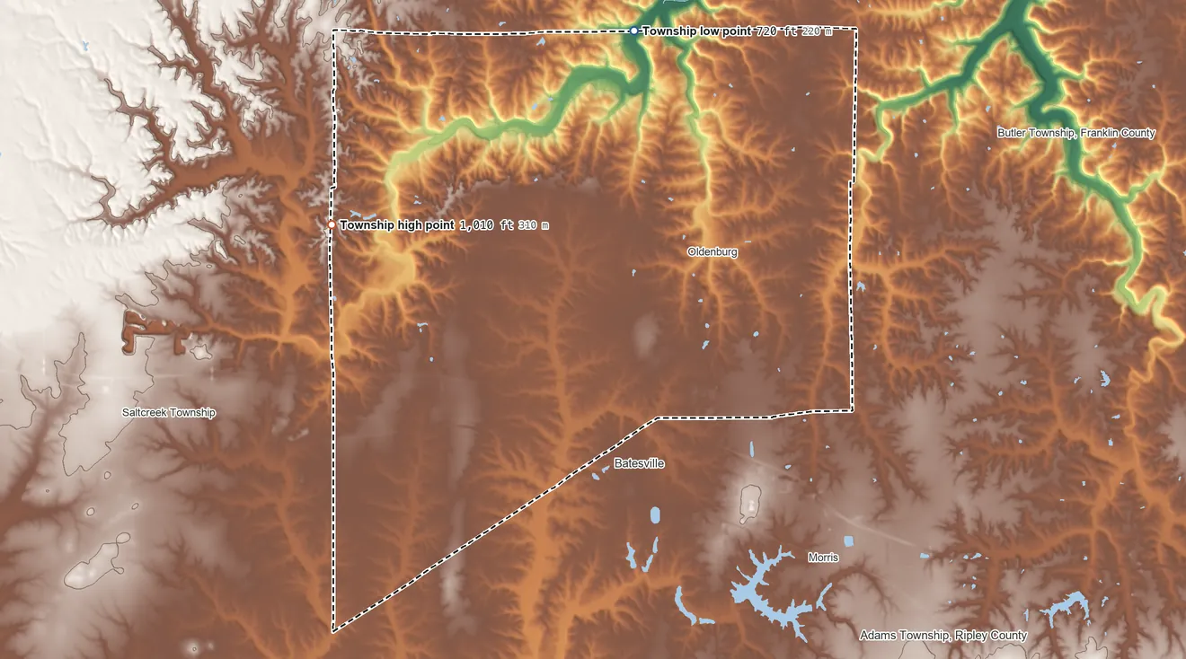 Topographic elevation map of Ray Township, Indiana, shaded from 720 ft on the north side to 1,010 ft on the northwest side