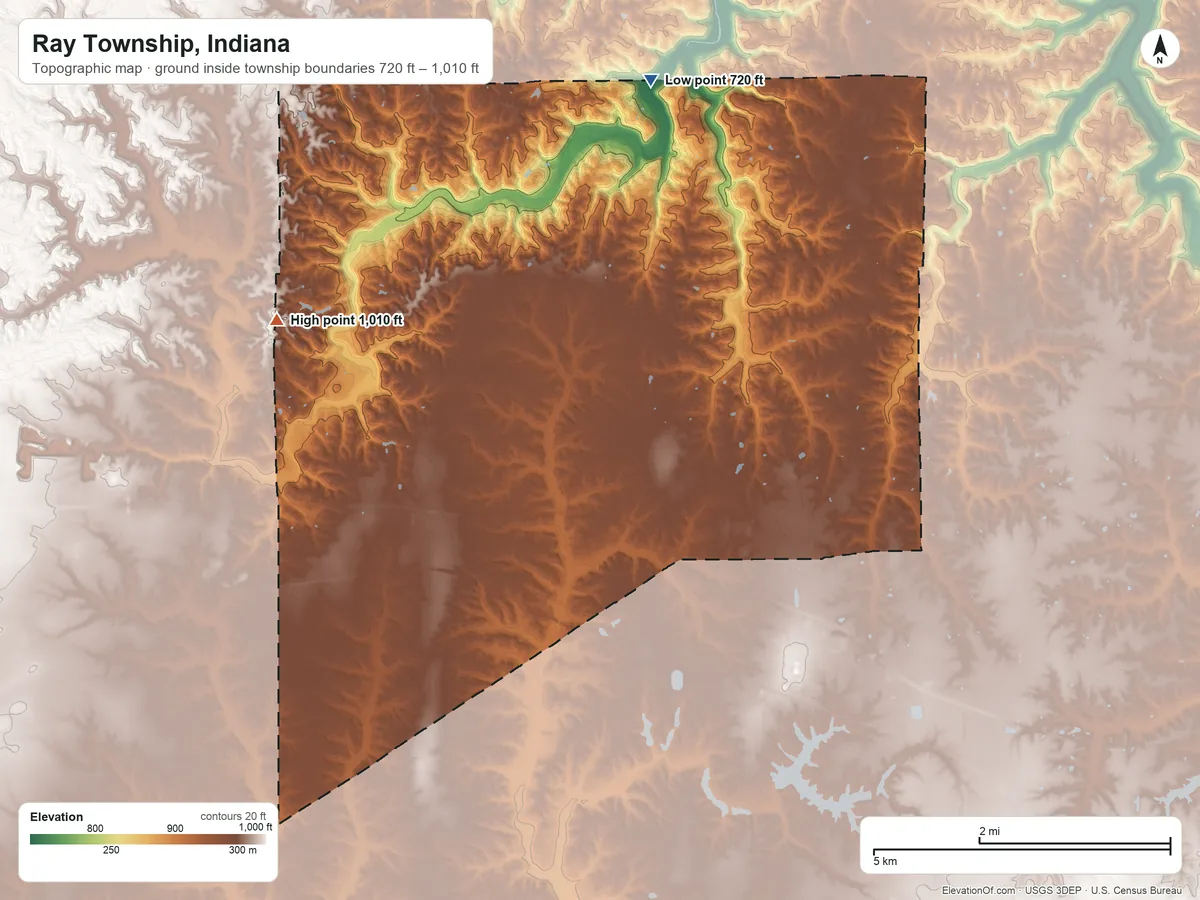 Topographic elevation map of Ray Township, Indiana, shaded from 720 ft on the north side to 1,010 ft on the northwest side