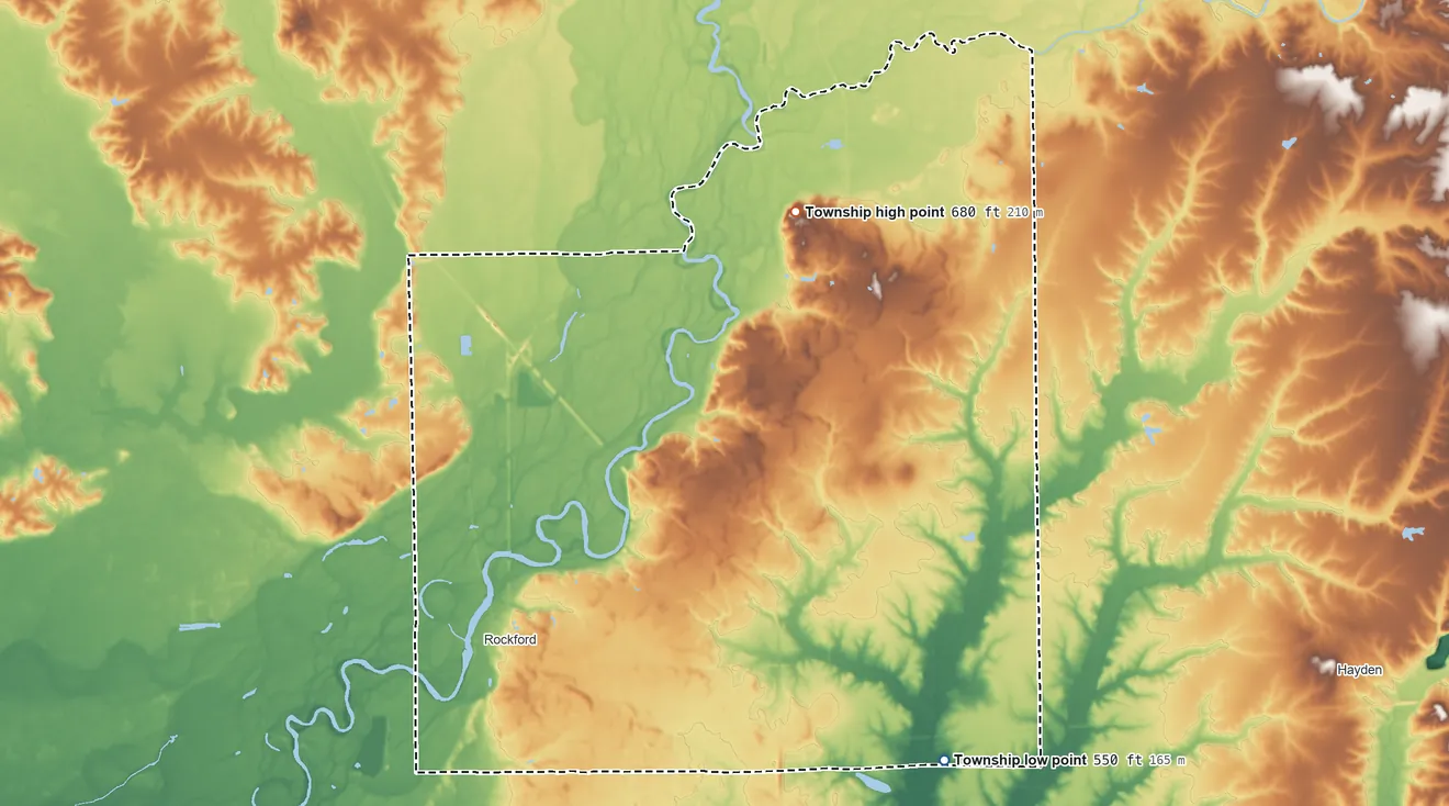 Topographic elevation map of Redding Township, Indiana, shaded from 550 ft on the southeast side to 680 ft on the north side