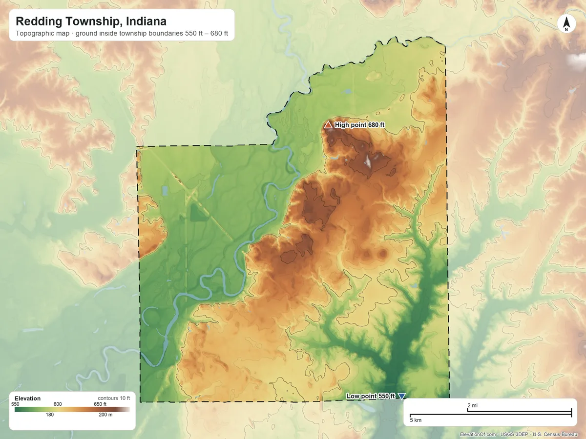 Topographic elevation map of Redding Township, Indiana, shaded from 550 ft on the southeast side to 680 ft on the north side