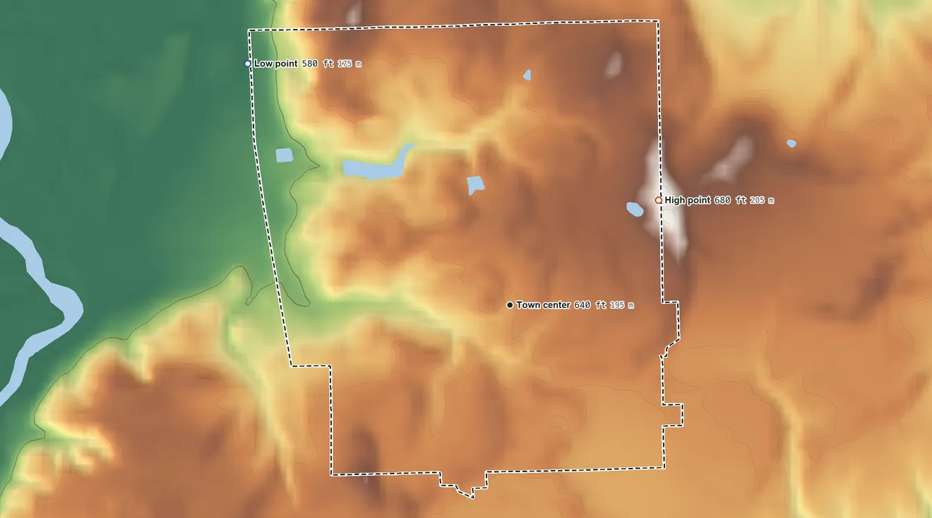 Topographic elevation map of Reddington, Indiana, shaded from 580 ft on the northwest side to 680 ft on the northeast side