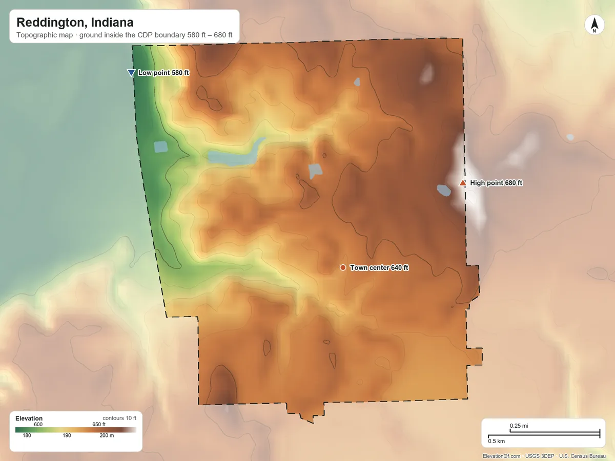 Topographic elevation map of Reddington, Indiana, shaded from 580 ft on the northwest side to 680 ft on the northeast side