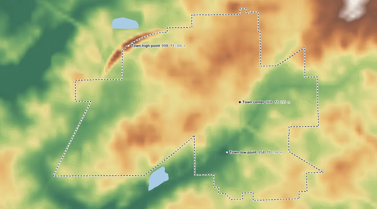 Topographic elevation map of Redkey, Indiana, shaded from 950 ft on the south side to 990 ft on the northwest side