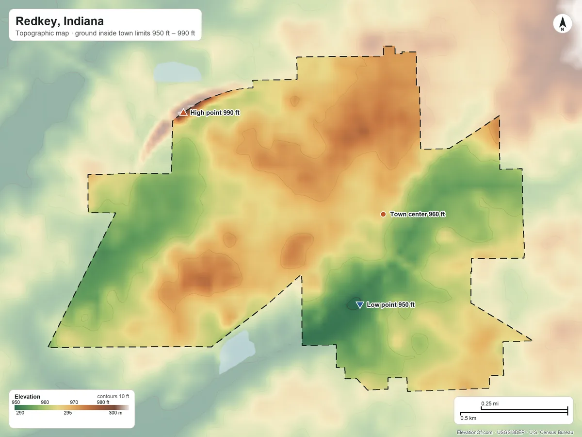 Topographic elevation map of Redkey, Indiana, shaded from 950 ft on the south side to 990 ft on the northwest side