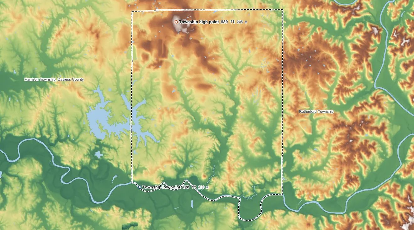 Topographic elevation map of Reeve Township, Indiana, shaded from 420 ft on the southwest side to 680 ft on the northwest side