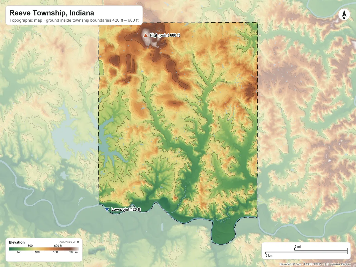 Topographic elevation map of Reeve Township, Indiana, shaded from 420 ft on the southwest side to 680 ft on the northwest side