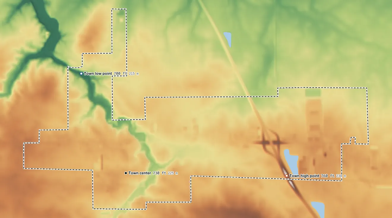 Topographic elevation map of Remington, Indiana, shaded from 700 ft on the northwest side to 760 ft on the east side