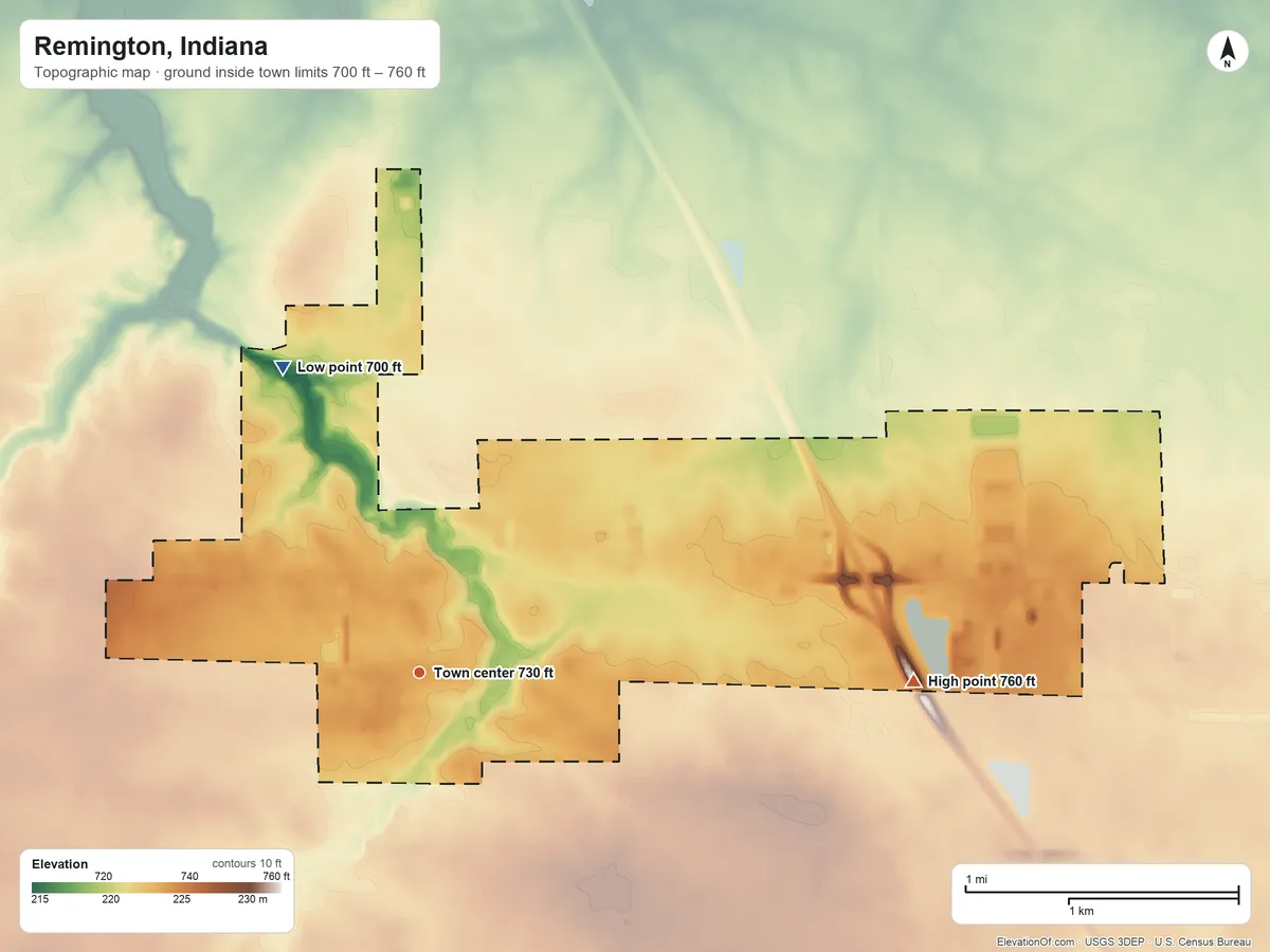 Topographic elevation map of Remington, Indiana, shaded from 700 ft on the northwest side to 760 ft on the east side