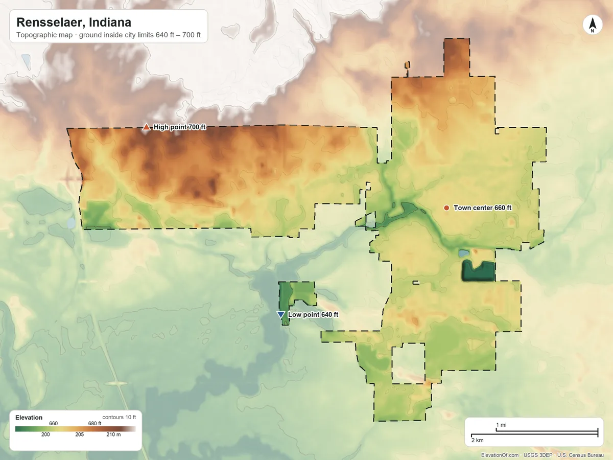 Topographic elevation map of Rensselaer, Indiana, shaded from 640 ft on the southwest side to 700 ft on the west side