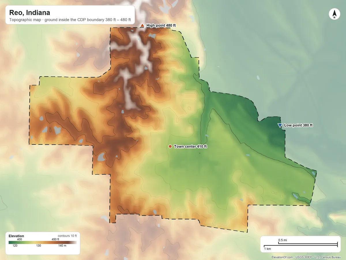Topographic elevation map of Reo, Indiana, shaded from 380 ft on the east side to 480 ft on the north side