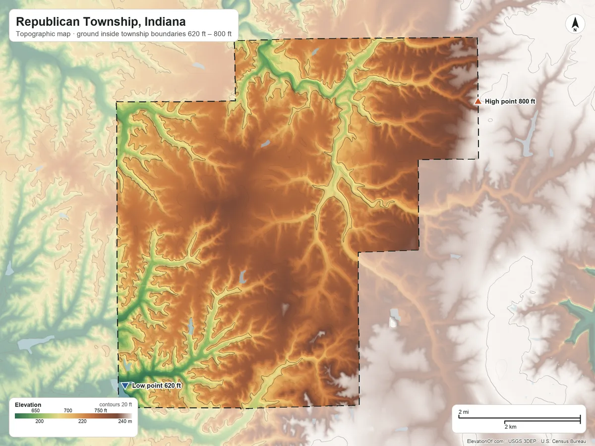 Topographic elevation map of Republican Township, Indiana, shaded from 620 ft on the southwest side to 800 ft on the northeast side