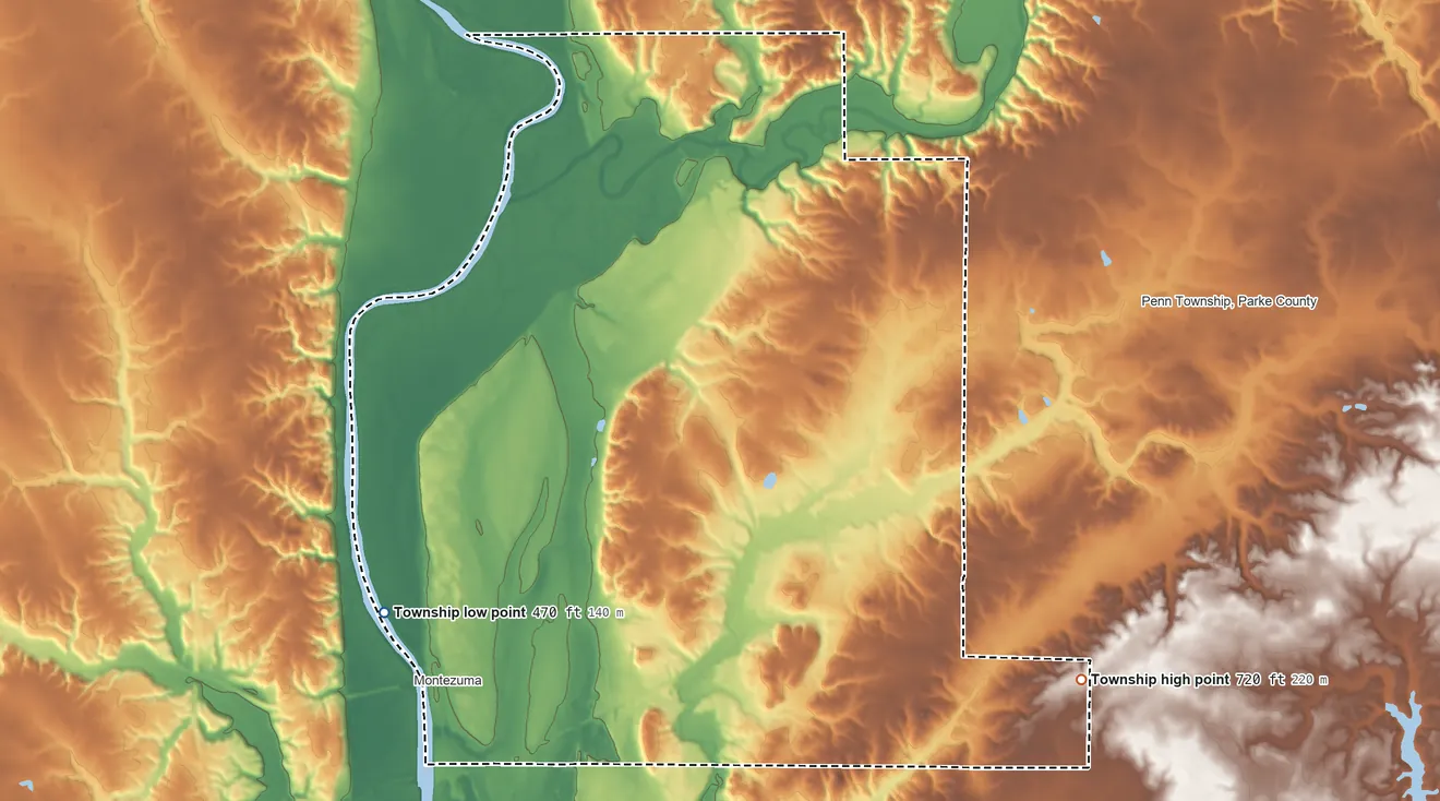 Topographic elevation map of Reserve Township, Indiana, shaded from 470 ft on the northwest side to 720 ft on the east side