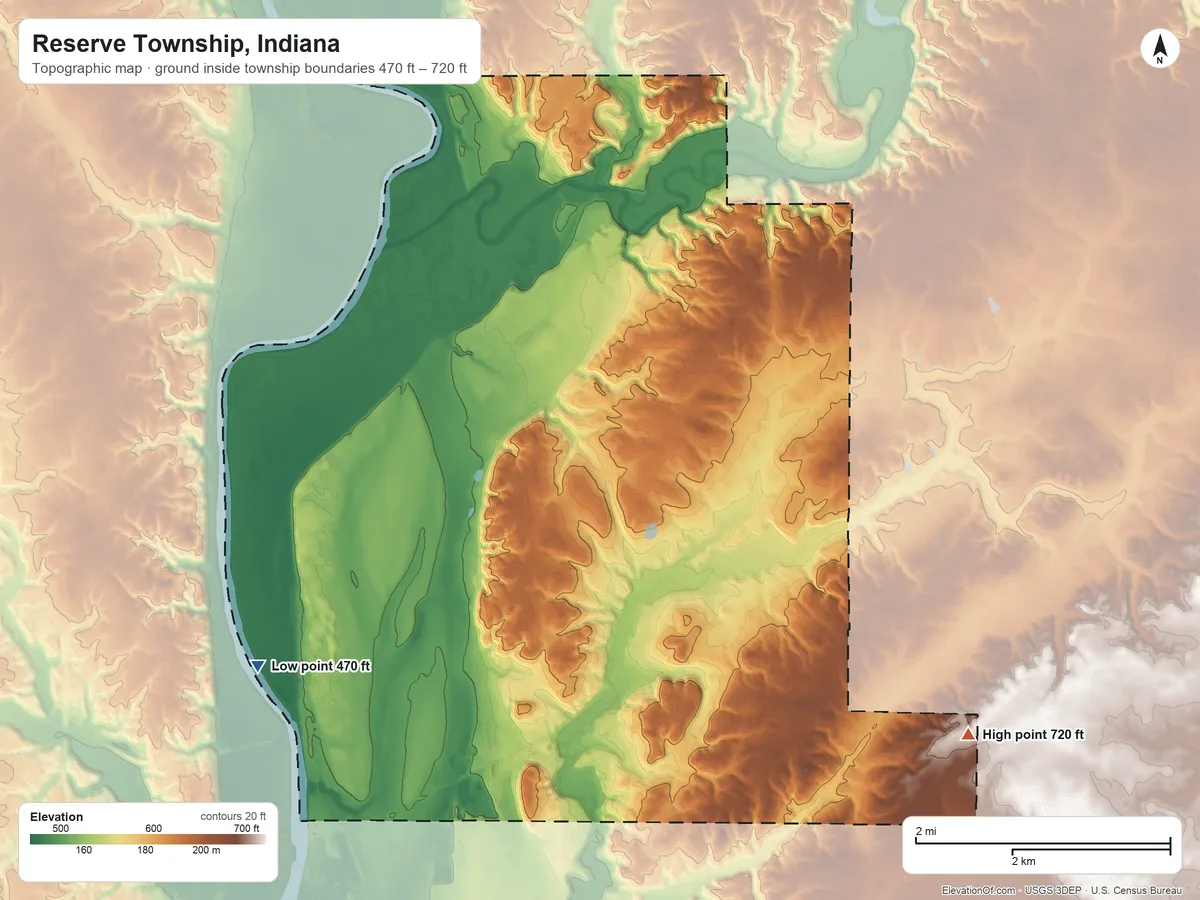Topographic elevation map of Reserve Township, Indiana, shaded from 470 ft on the northwest side to 720 ft on the east side