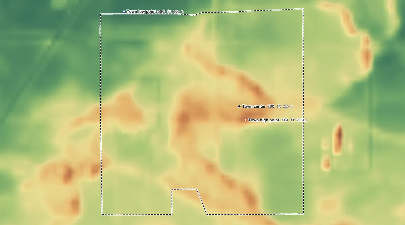 Topographic elevation map of Reynolds, Indiana, shaded from 680 ft on the northwest side to 710 ft near the middle