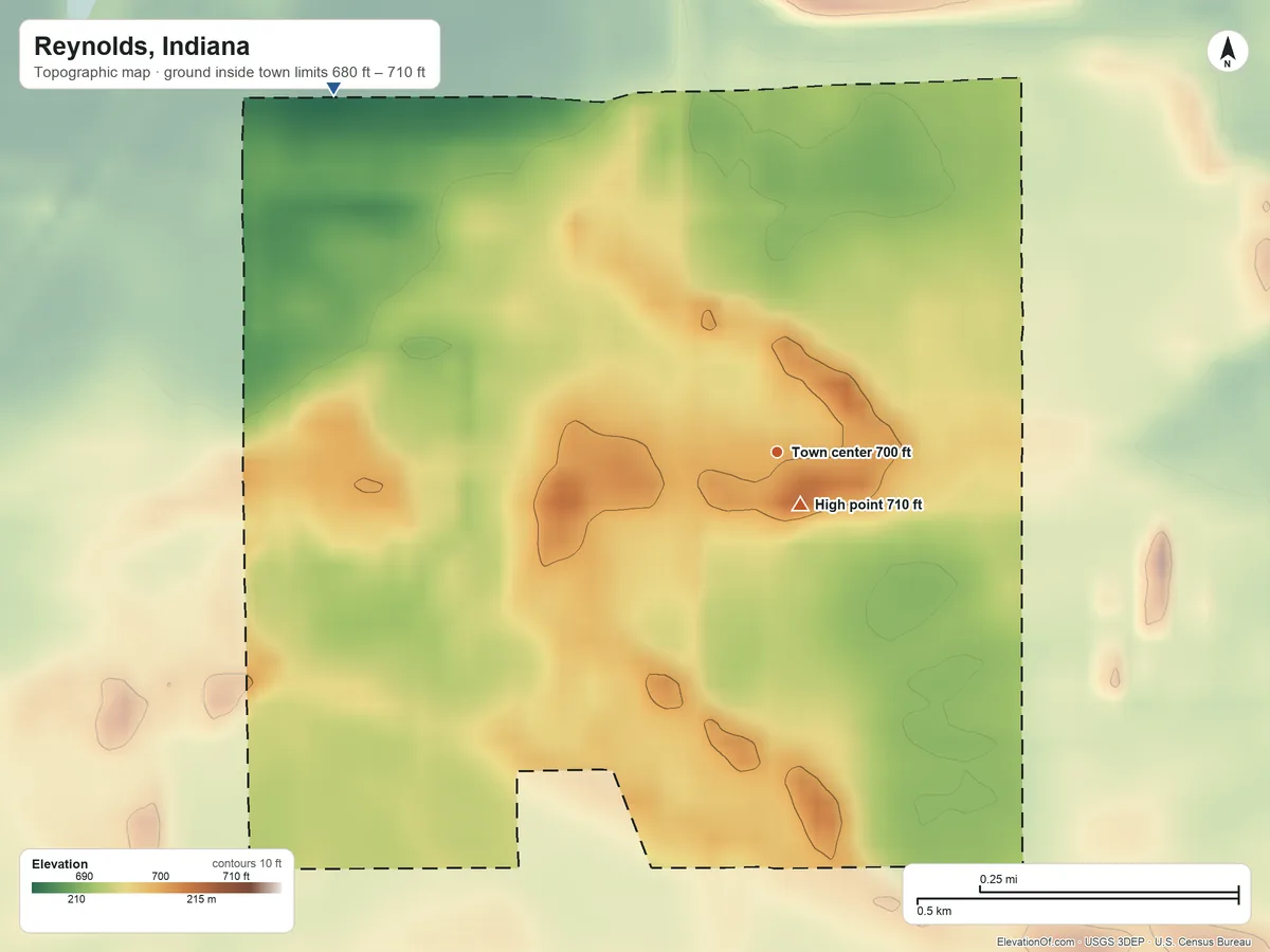 Topographic elevation map of Reynolds, Indiana, shaded from 680 ft on the northwest side to 710 ft near the middle