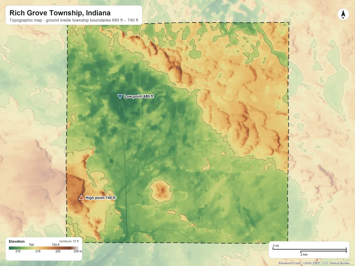 Topographic elevation map of Rich Grove Township, Indiana, shaded from 680 ft on the west side to 740 ft on the southwest side