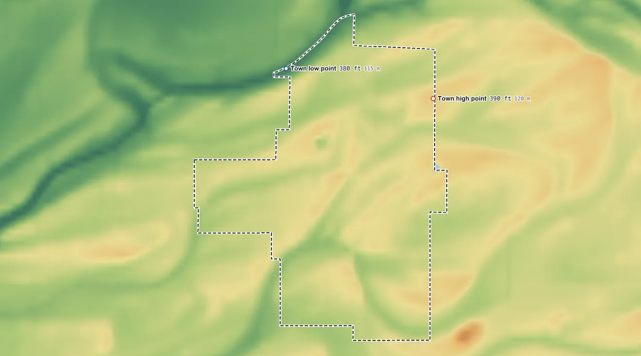 Topographic elevation map of Richland, Indiana, shaded from 380 ft on the northwest side to 390 ft on the northeast side