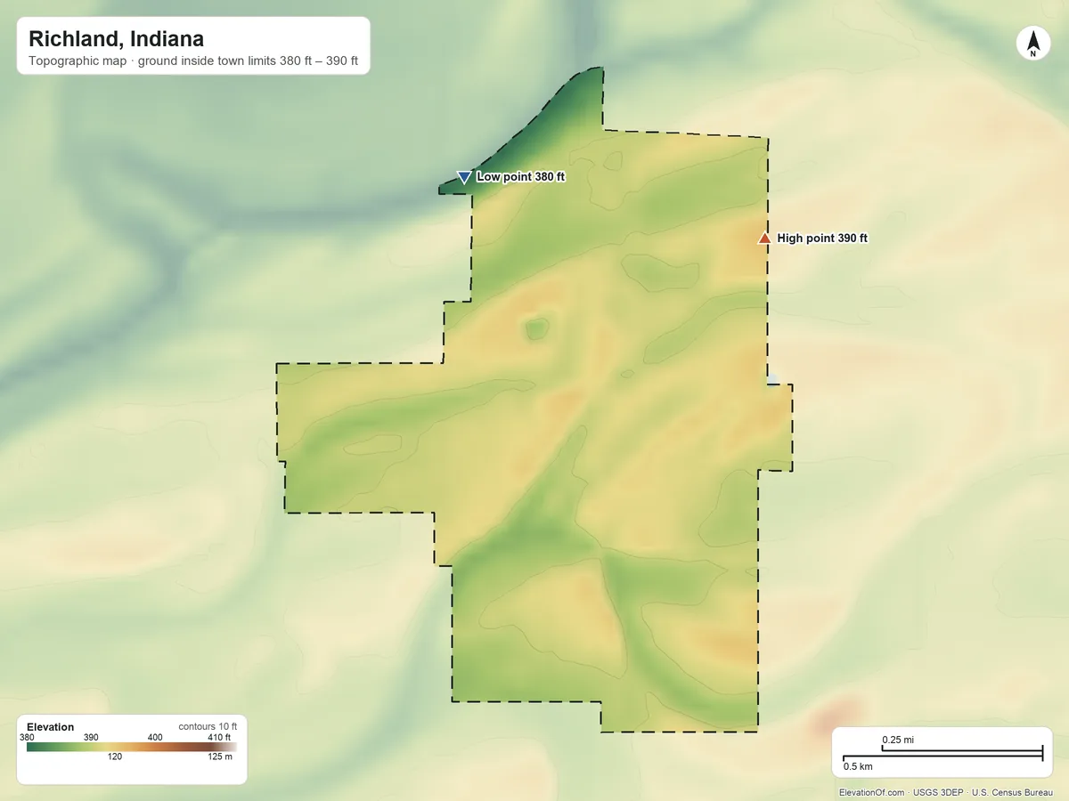 Topographic elevation map of Richland, Indiana, shaded from 380 ft on the northwest side to 390 ft on the northeast side
