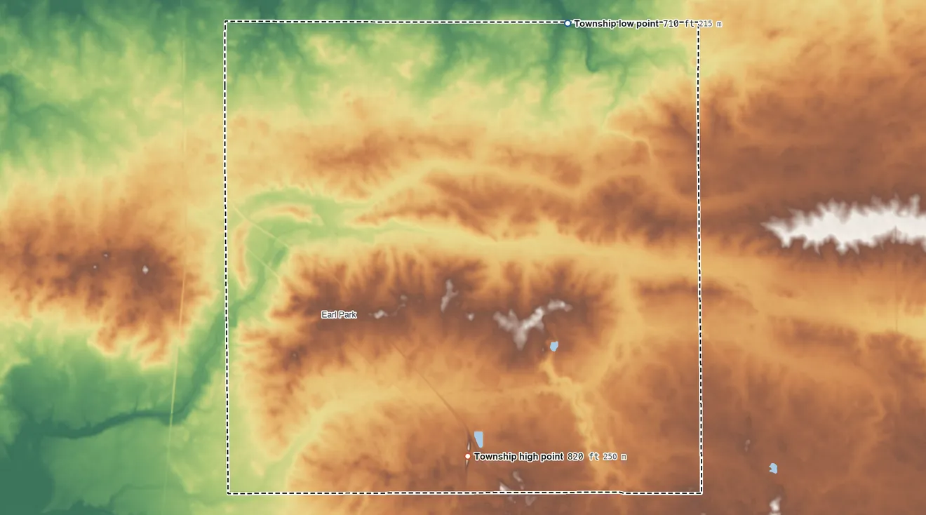 Topographic elevation map of Richland Township, Benton County, Indiana, shaded from 710 ft on the northeast side to 820 ft on the southeast side