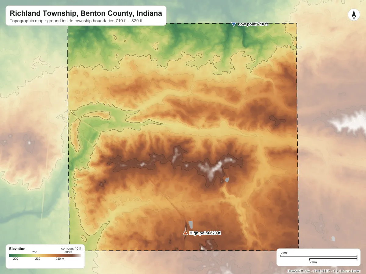 Topographic elevation map of Richland Township, Benton County, Indiana, shaded from 710 ft on the northeast side to 820 ft on the southeast side