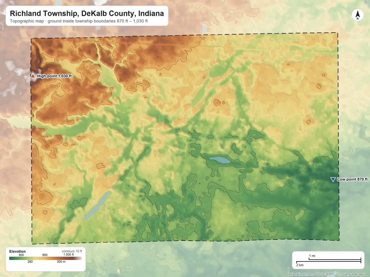 Topographic elevation map of Richland Township, DeKalb County, Indiana, shaded from 870 ft on the southeast side to 1,030 ft on the west side