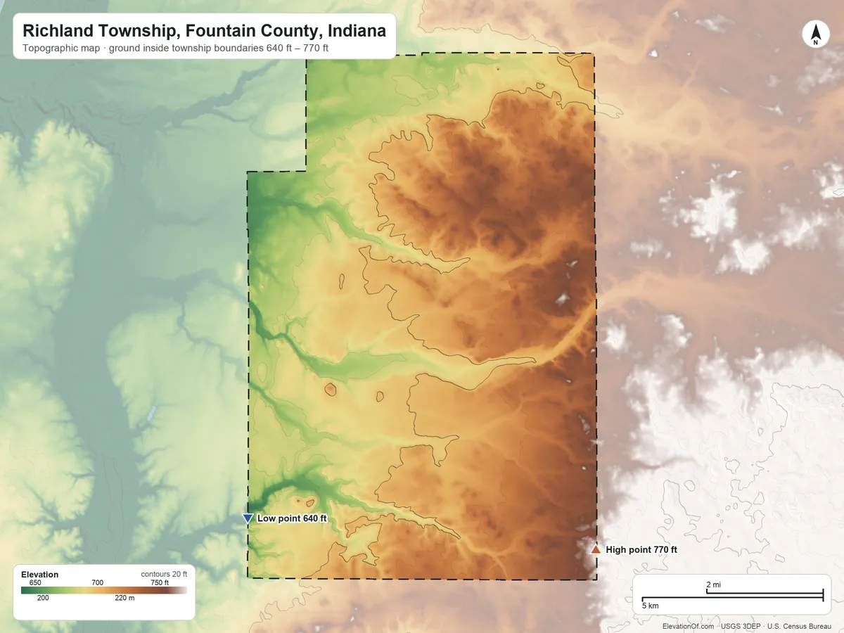 Topographic elevation map of Richland Township, Fountain County, Indiana, shaded from 640 ft on the southwest side to 770 ft on the southeast side