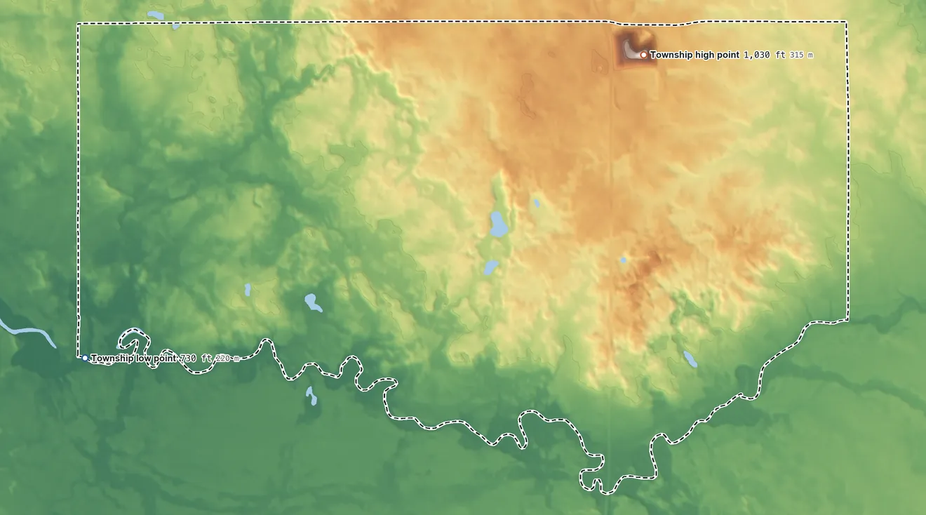 Topographic elevation map of Richland Township, Fulton County, Indiana, shaded from 730 ft on the west side to 1,030 ft on the northeast side