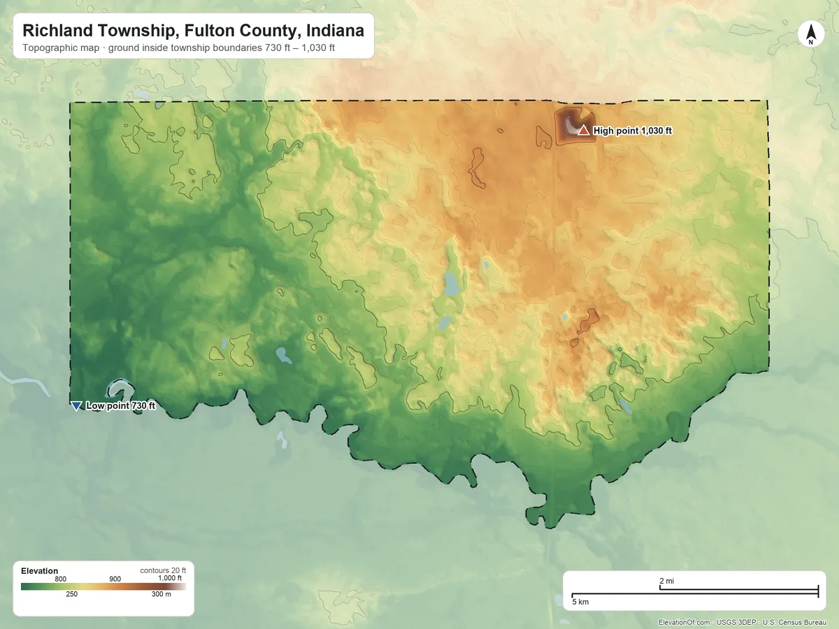 Topographic elevation map of Richland Township, Fulton County, Indiana, shaded from 730 ft on the west side to 1,030 ft on the northeast side