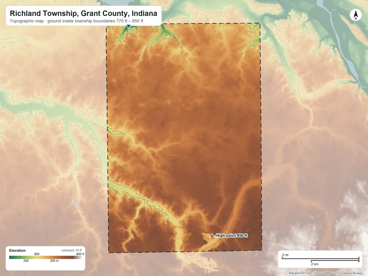 Topographic elevation map of Richland Township, Grant County, Indiana, shaded from 770 ft on the north side to 850 ft on the southeast side