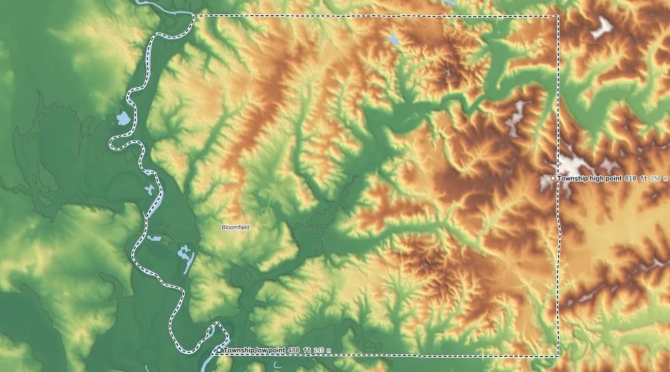 Topographic elevation map of Richland Township, Greene County, Indiana, shaded from 480 ft on the southwest side to 810 ft on the east side