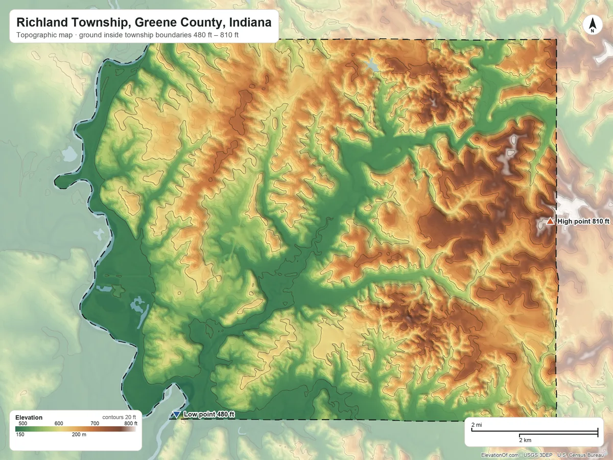 Topographic elevation map of Richland Township, Greene County, Indiana, shaded from 480 ft on the southwest side to 810 ft on the east side