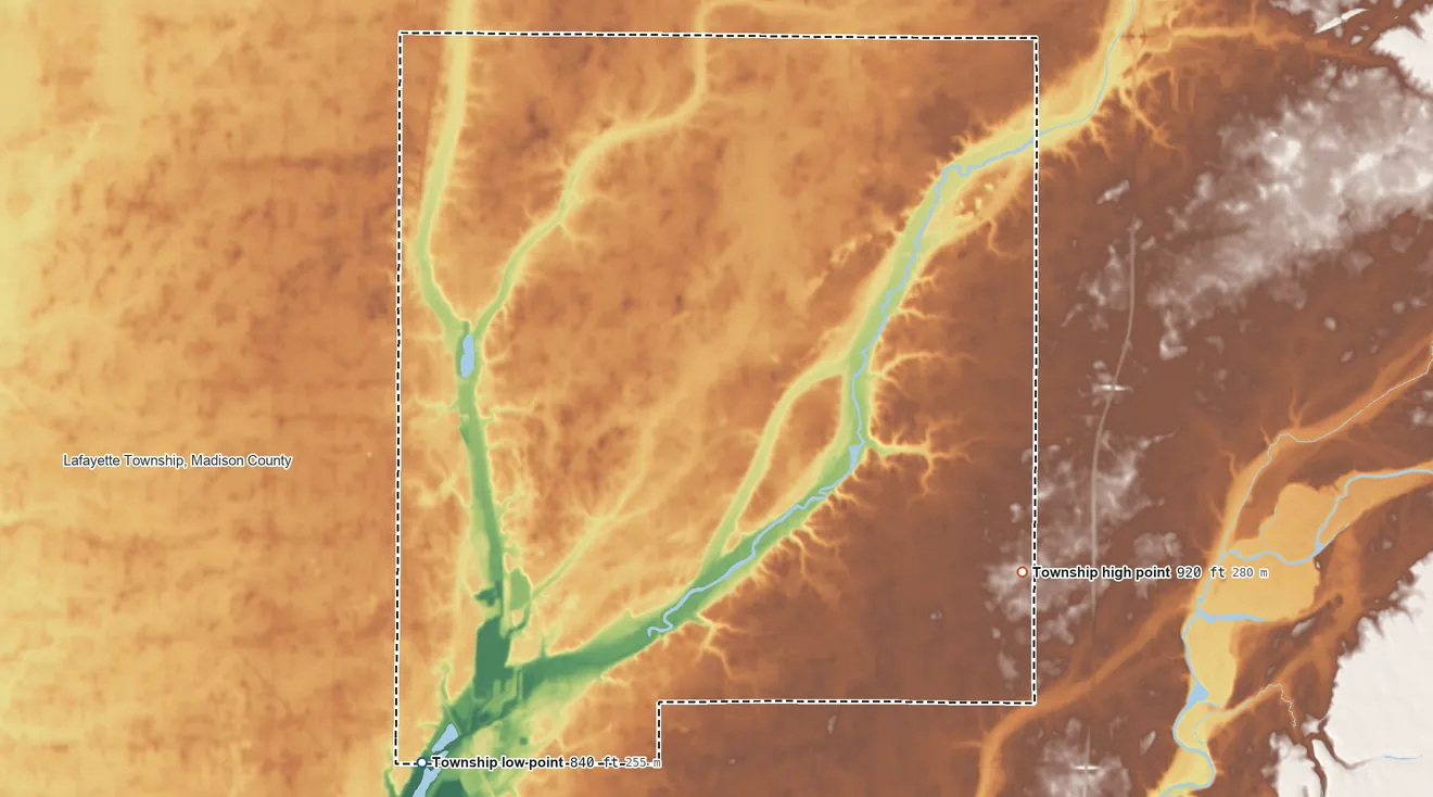 Topographic elevation map of Richland Township, Madison County, Indiana, shaded from 840 ft on the southwest side to 920 ft on the east side