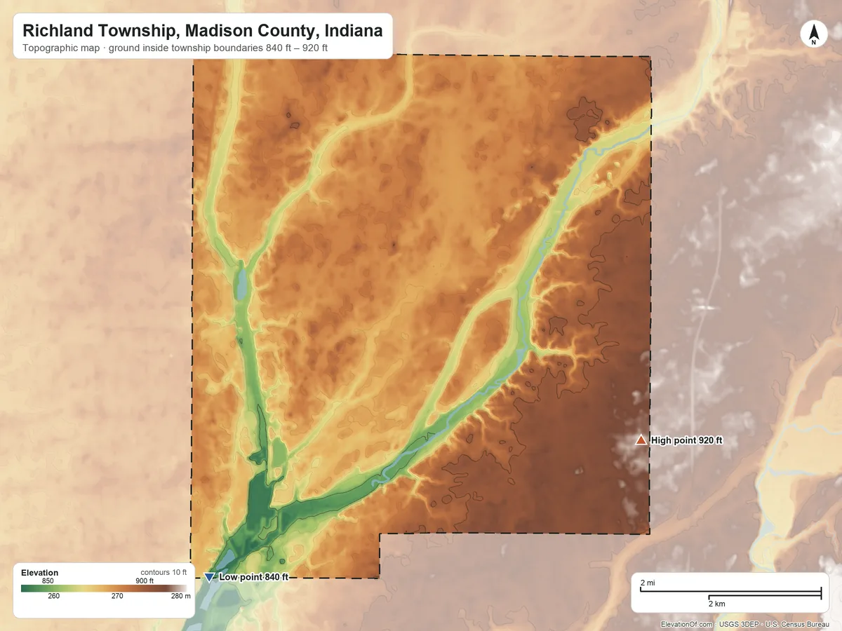 Topographic elevation map of Richland Township, Madison County, Indiana, shaded from 840 ft on the southwest side to 920 ft on the east side