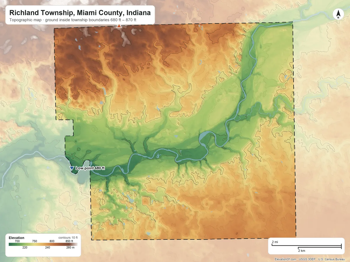 Topographic elevation map of Richland Township, Miami County, Indiana, shaded from 680 ft on the west side to 870 ft on the northwest side