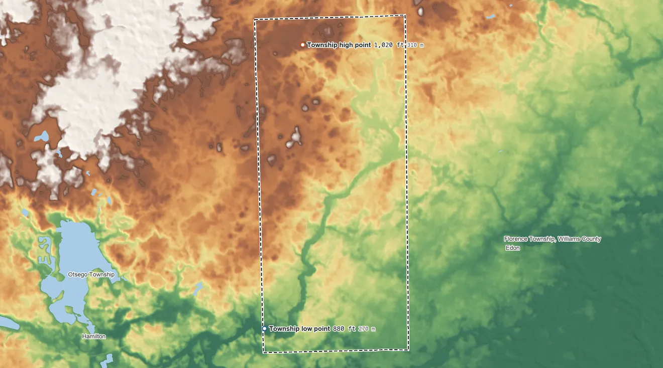 Topographic elevation map of Richland Township, Steuben County, Indiana, shaded from 880 ft on the south side to 1,020 ft on the north side