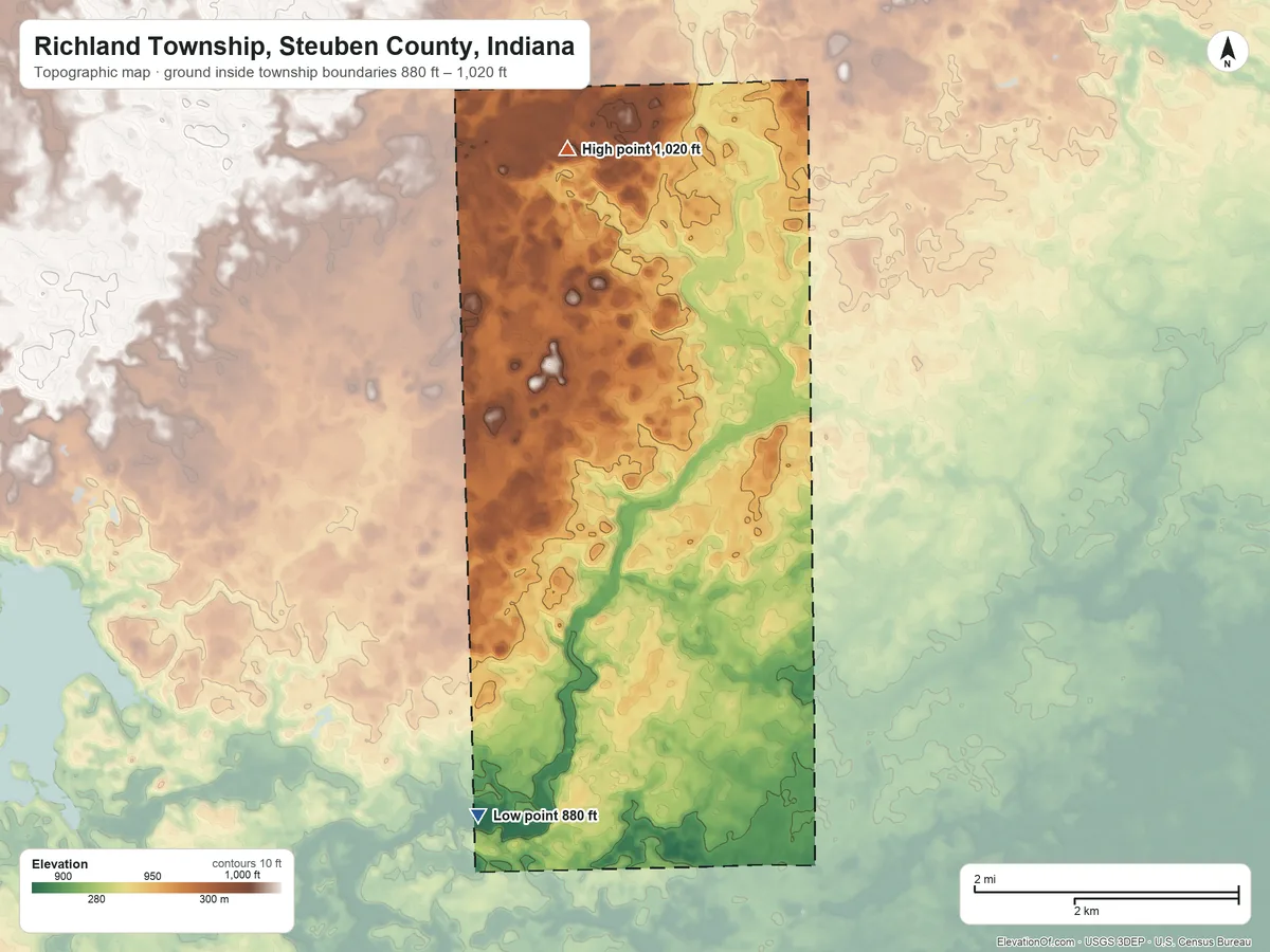 Topographic elevation map of Richland Township, Steuben County, Indiana, shaded from 880 ft on the south side to 1,020 ft on the north side