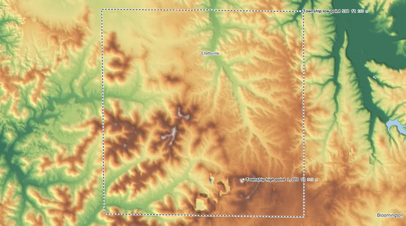 Topographic elevation map of Richland Township, Indiana, shaded from 590 ft on the northeast side to 1,000 ft on the south side