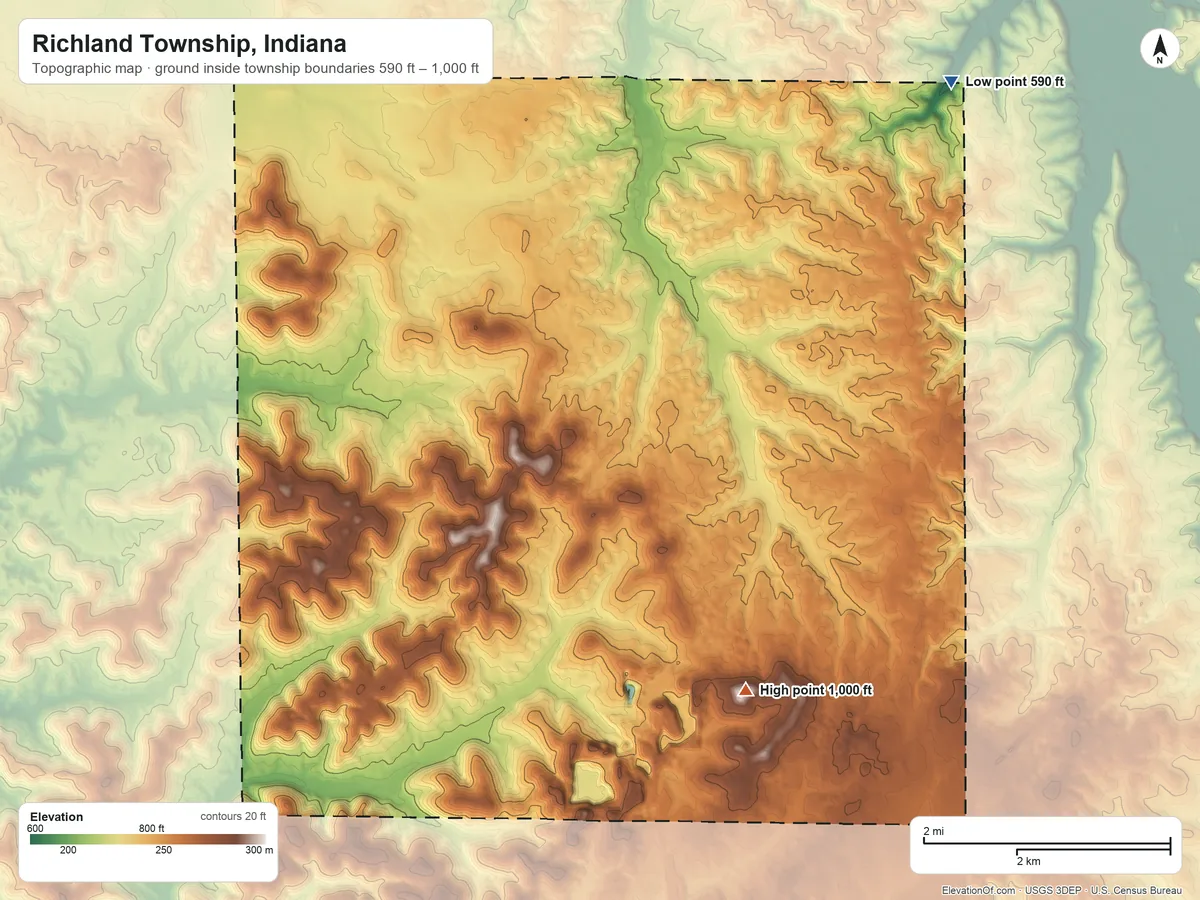 Topographic elevation map of Richland Township, Indiana, shaded from 590 ft on the northeast side to 1,000 ft on the south side