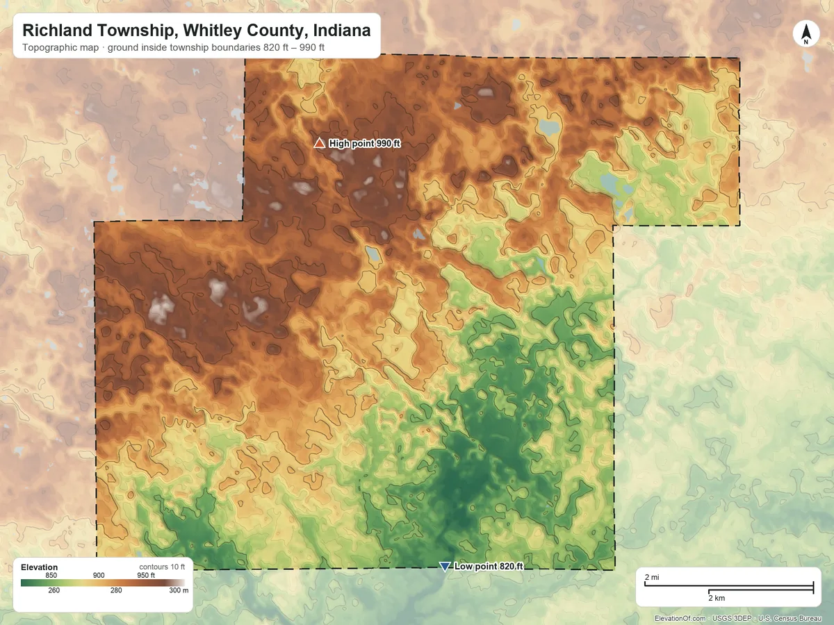 Topographic elevation map of Richland Township, Whitley County, Indiana, shaded from 820 ft on the south side to 990 ft on the northwest side