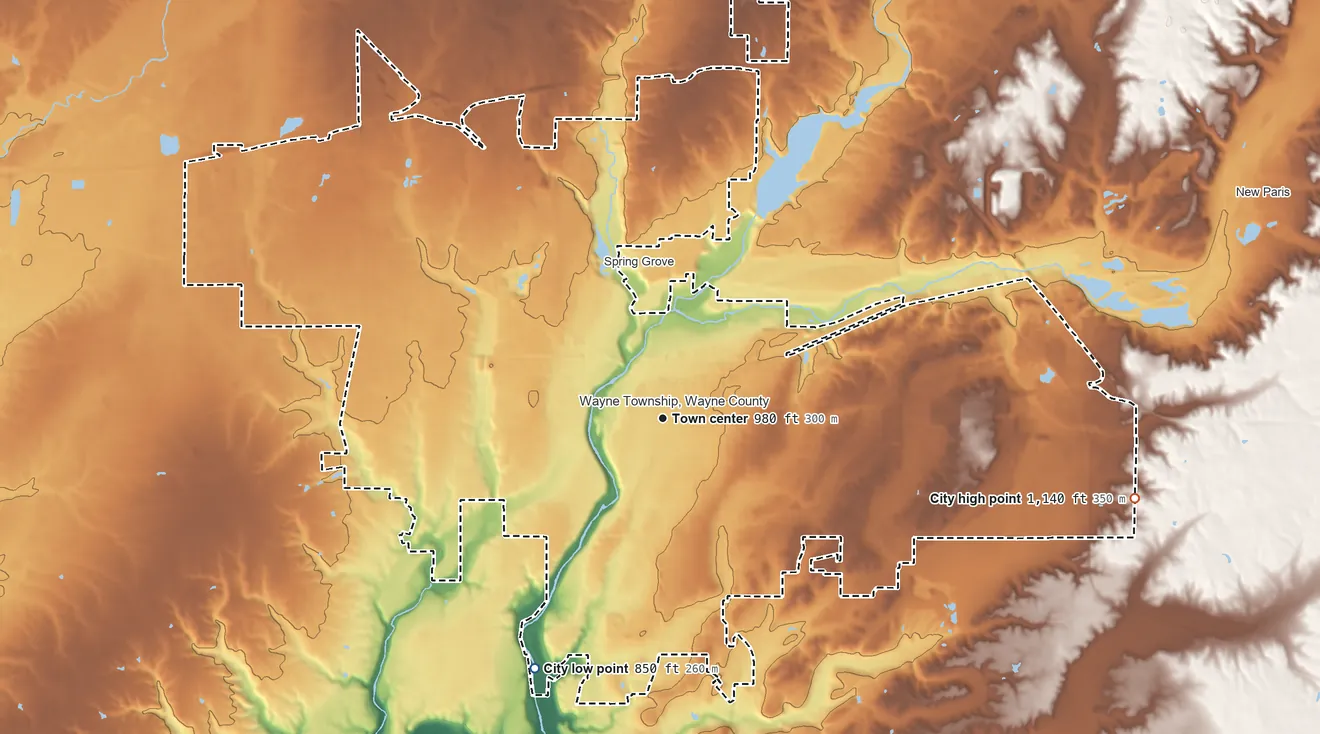Topographic elevation map of Richmond, Indiana, shaded from 850 ft on the southwest side to 1,140 ft on the east side