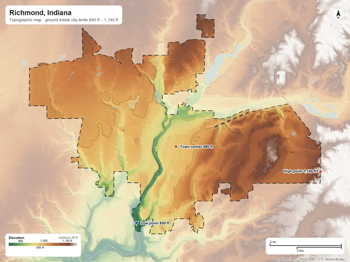 Topographic elevation map of Richmond, Indiana, shaded from 850 ft on the southwest side to 1,140 ft on the east side