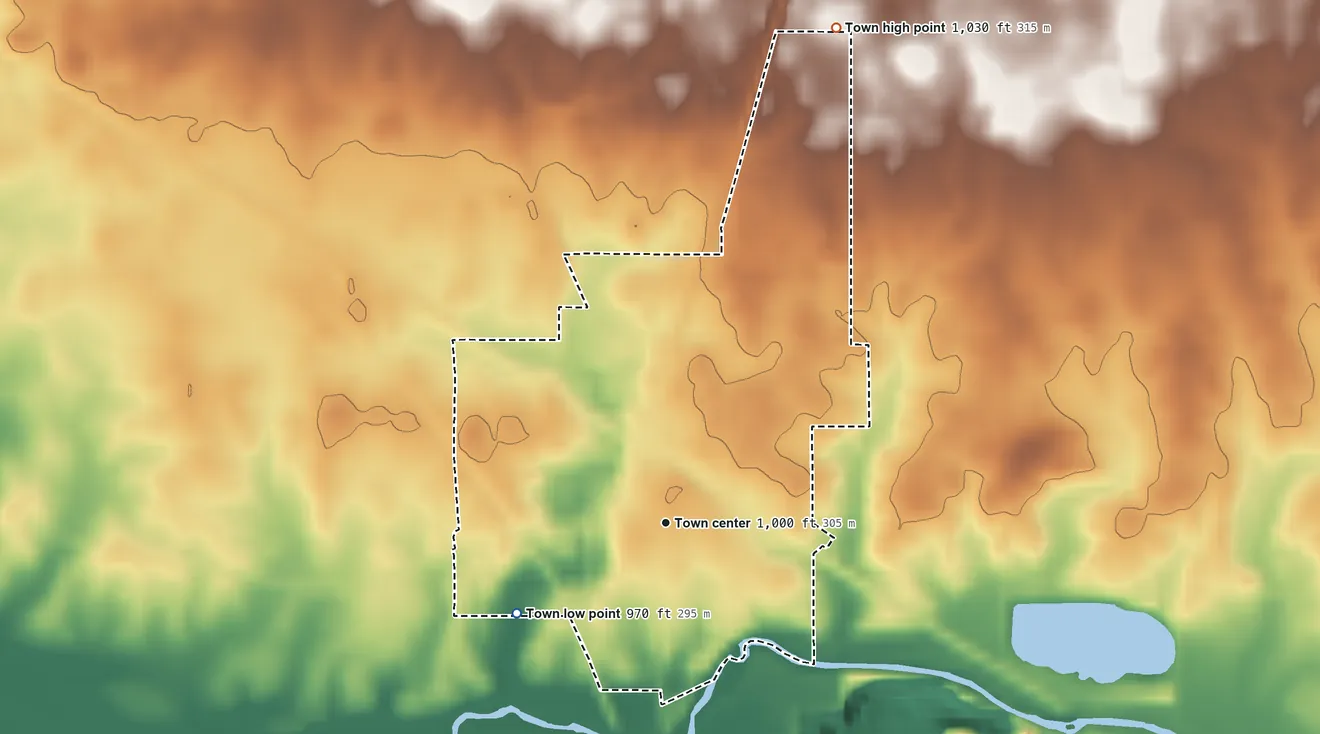 Topographic elevation map of Ridgeville, Indiana, shaded from 970 ft on the southwest side to 1,030 ft on the north side